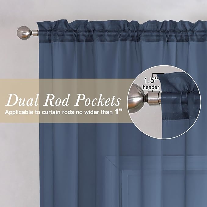 Lecloud Navy Blue Sheer Curtains 72 Inches Long 2 Panels, Light Filtering - Image 2