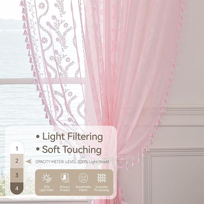 WAZZIO Boho Lace Curtains 84 Inch 2 Panels -Sheer Panel Drape Floral Pattern & - Image 6