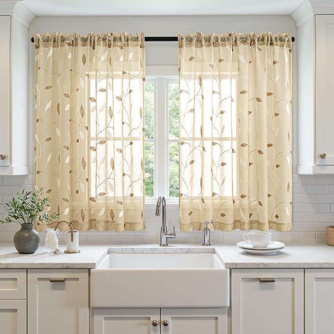 MIULEE Beige Sheer Curtains 2 Panels Embroidered Leaf Patterned Rod Pocket - Image 2