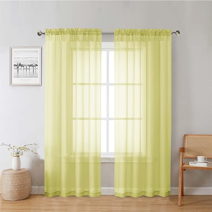 Lecloud Lemon Sheer Curtains 72 Inches Long 2 Panels, Solid Voile Rustic Window by Lecloud