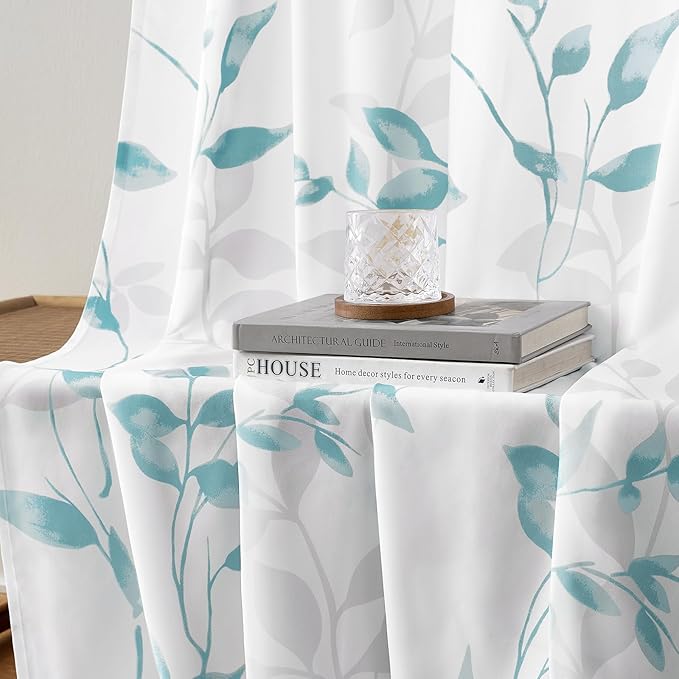 HOMEIDEAS Non-See-Through Teal and White Privacy Sheer Curtains 52 X 84 Inch - Image 5