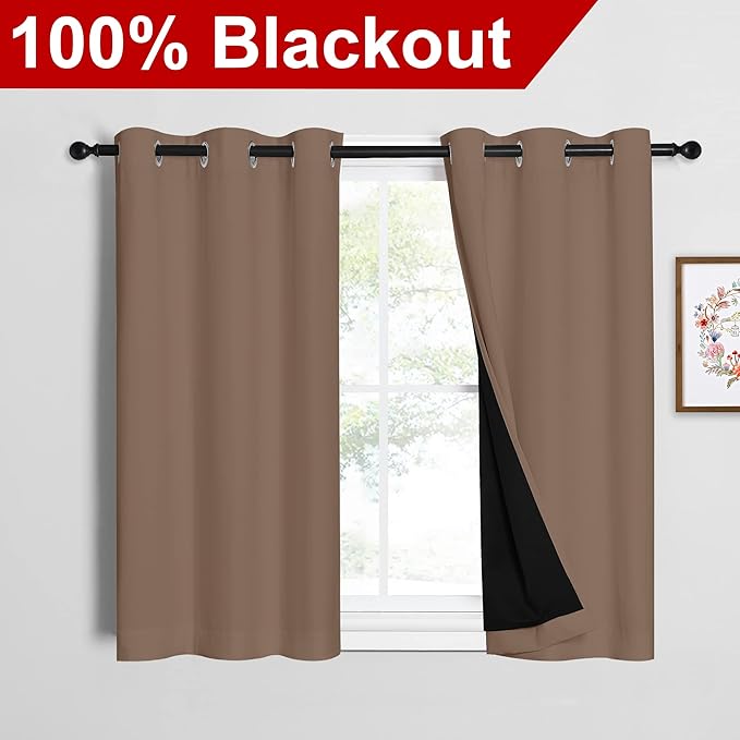 NICETOWN Cappuccino Bedroom Full Blackout Cold Blocking Short Curtain Panels - Image 2