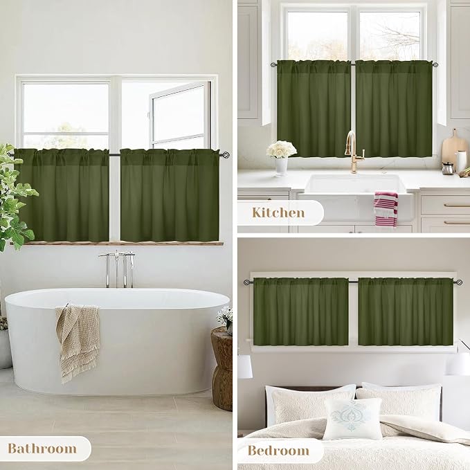 HOMEIDEAS Non-See-Through Olive Green Privacy Sheer Kitchen Curtains, 30 X 24 - Image 7