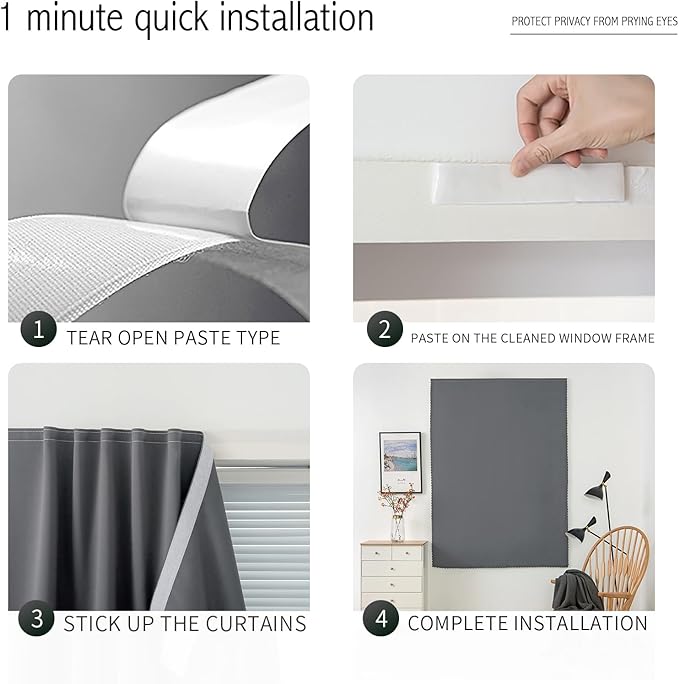 Magic Tape Stick On Curtains Window Shades Pull Down Blackout Window Cover - Image 3