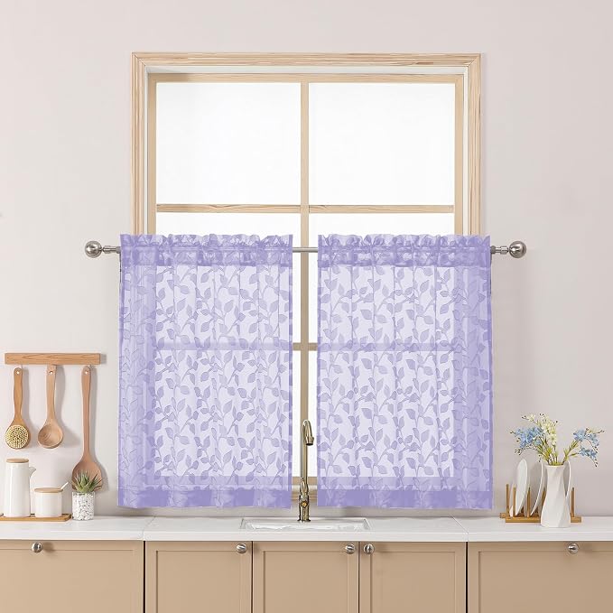 Chyhomenyc Light Purple Sheer Curtains 30 Inch Length, Light Filtering Leaf by Chyhomenyc