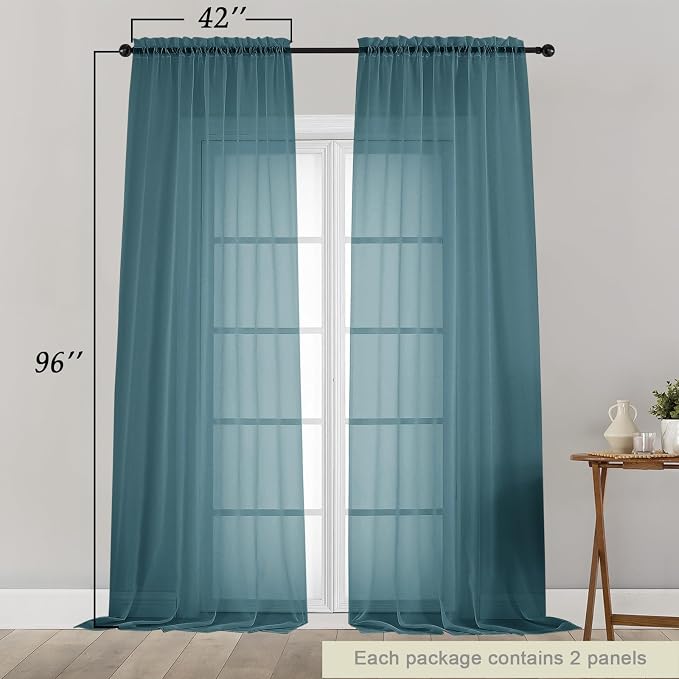 Dusty Blue Sheer Curtains for Bedroom Living Room 96 Inches Long 2 Panels - Image 2