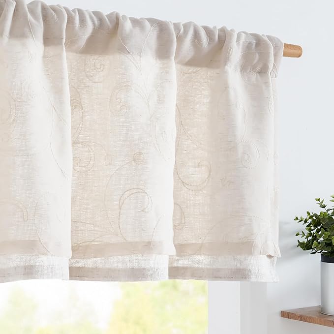 jinchan Linen Valance for Window Embroidered Farmhouse Light Filtering Voile by JINCHAN