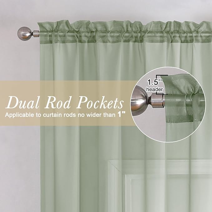Lecloud Sage Green Sheer Curtains 63 Inch Length 2 Pcs, Dual Rod Pockets Light - Image 3