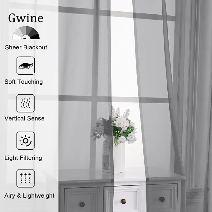 Gwine Charcoal Grey Sheer Curtains 90 Inches Long 2 Panels Set, Light Filtering - Image 2