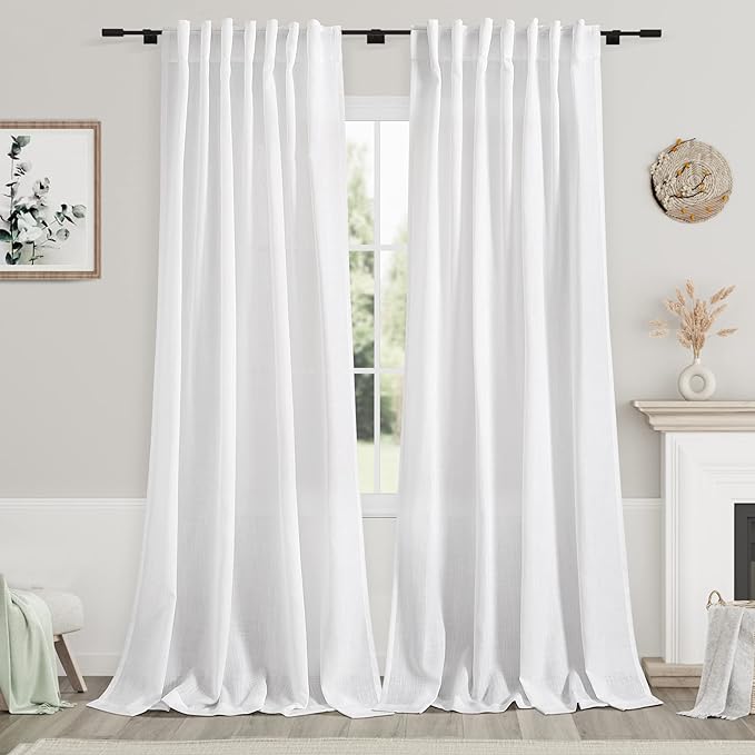 Nanspring White Linen Curtains for Living Room 114 Inches Long Extra Long Back by Nanspring