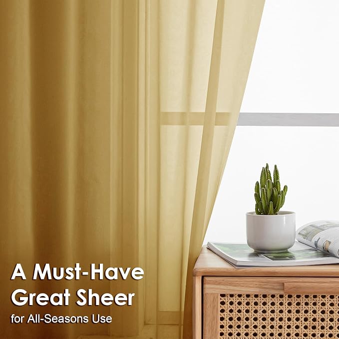 OVZME Gold Sheer Curtains 96 Inches Long 2 Panels - Image 2