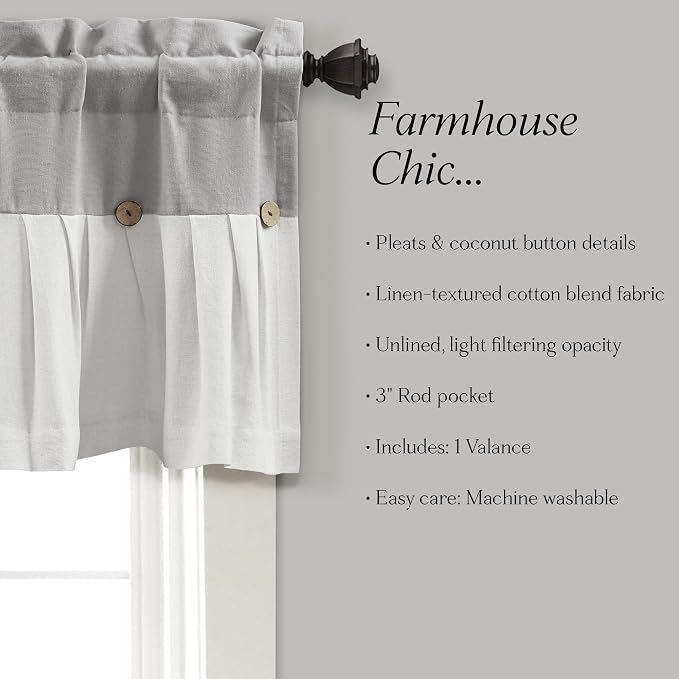 Lush Decor Linen Button Farmhouse Valance Curtians 84"W x 18"L Gray & Off White - Image 6