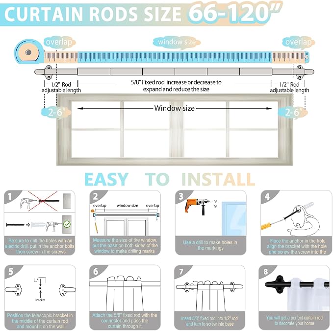 TVWOO Black Wrap Around Curtain Rods:5/8" Small Blackout Adjustable Window - Image 7