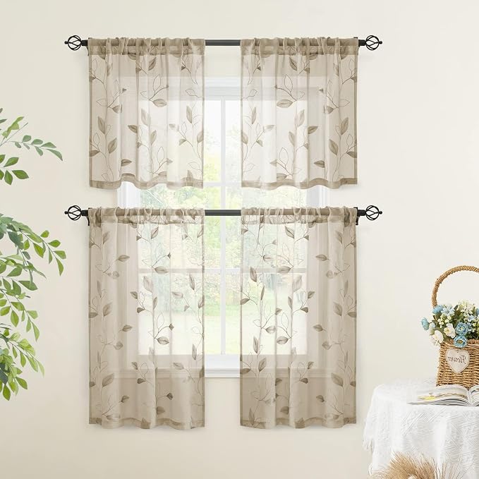 HOMEIDEAS Taupe Sheer Kitchen Curtains 30 X 24 Inch Length 2 Panels Beige - Image 5