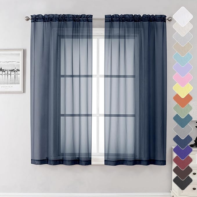 Lecloud Navy Blue Sheer Curtains 63 Inch Long 2 Panels, Elegant Voile Drapes by Lecloud