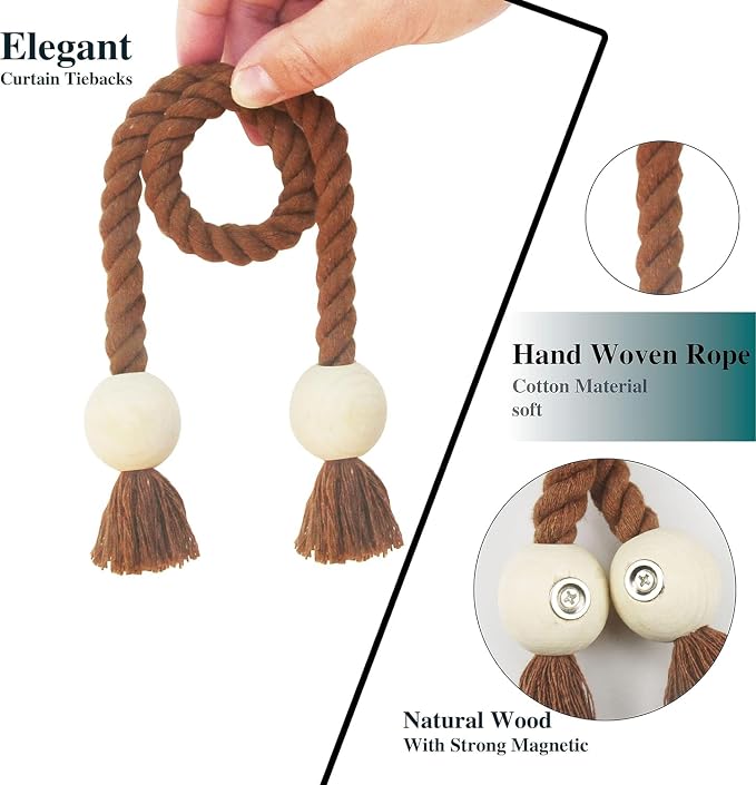 4 Pack Magnetic Curtain Tiebacks Cotton Hand Woven Tie Back Decorative Rope - Image 2