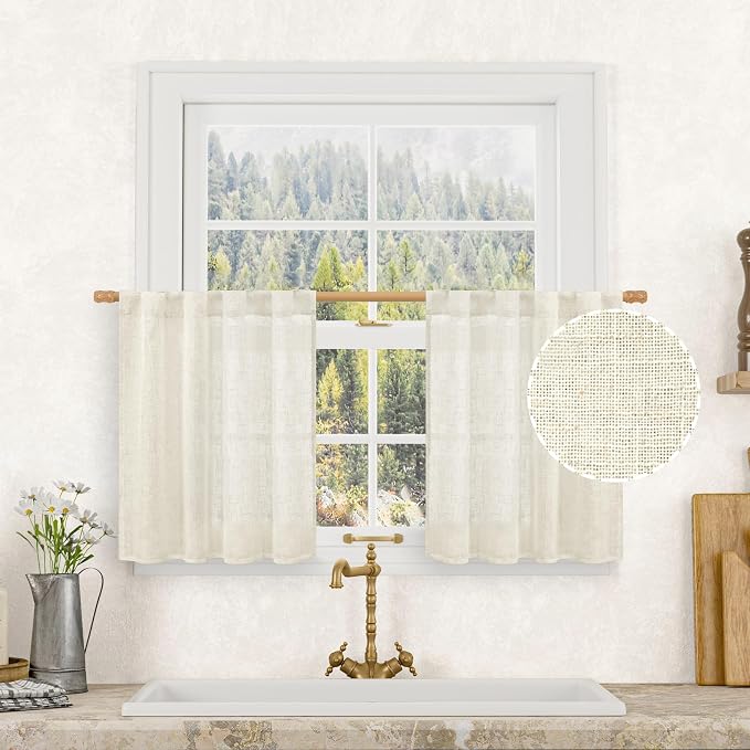 LAMIT Kitchen Semi Sheer Linen Curtains 24 Inch Long, Light Filtering Panels by LAMIT