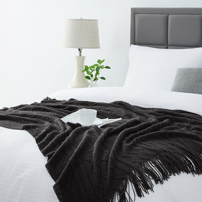 BOURINA Black Throw Blanket 50x60 Inches Throw Textured Solid Soft Sofa Couch - Image 6