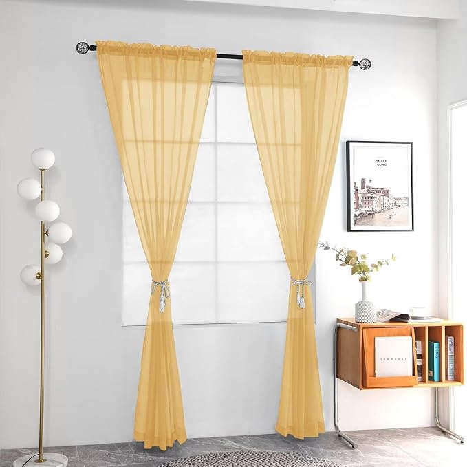 youleyar Solid Sheer Rod Pocket Curtain Voile Draperies 2 Panels White Beige - Image 2