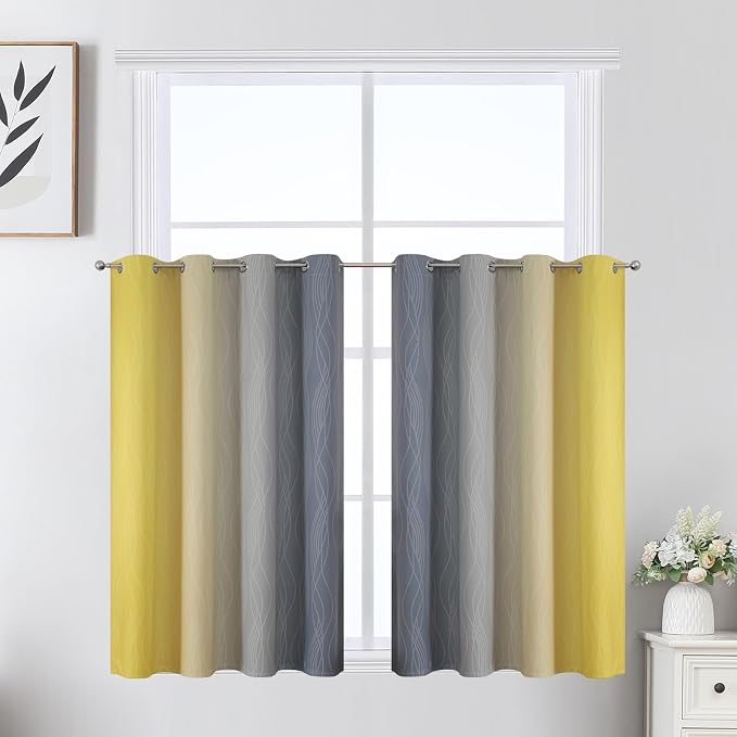 Estelar Textiler Grey and Yellow Ombre Short Blackout Curtains 36 Inch Long by ESTELARTEXTILER