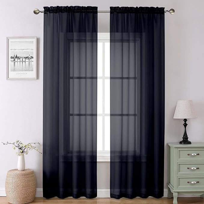 Lecloud Black Sheer Curtains 90 Inches Long 2 Panels Set, Privacy Voile Light by Lecloud