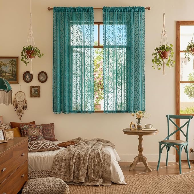 WAZZIO Boho Lace Curtains 2 Panels 72 Inch -Victorian Sheer Panel Drape French - Image 2