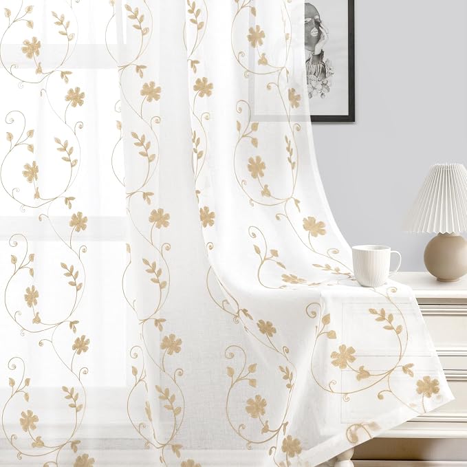 HOMEIDEAS Yellow Sheer Curtains 96 Inches Long 2 Panels Yellow and White - Image 7