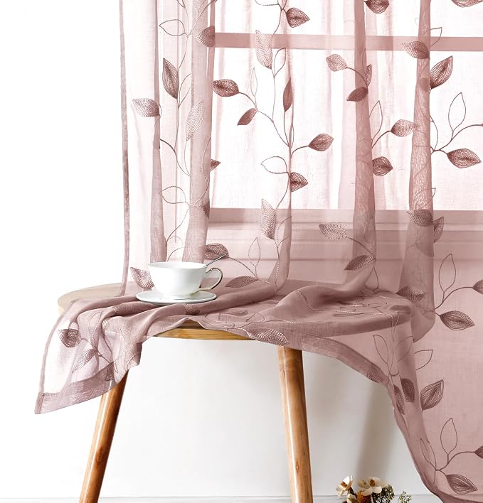 HOMEIDEAS Blush Pink Floral Sheer Curtains 96 Inches Long 2 Panels Embroidered - Image 2