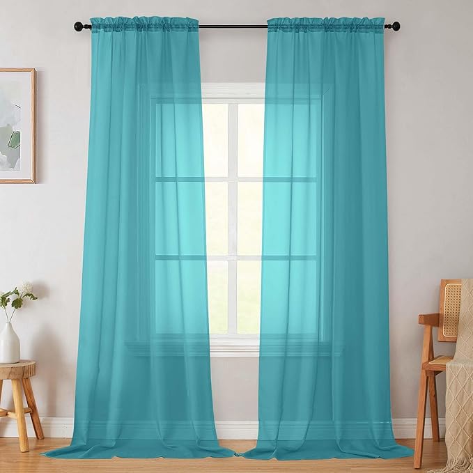 Turquoise Sheer Curtains for Bedroom Living Room 96 Inches Long 2 Panels by WelvetBLK