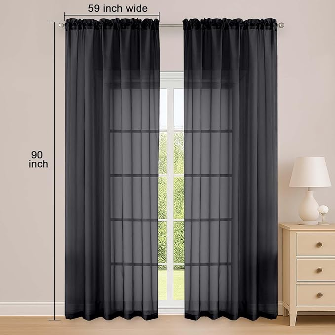 OWENIE Black Sheer Curtain 90 Inches Long 2 Panels Set, Solid Filmy Drapes - Image 2