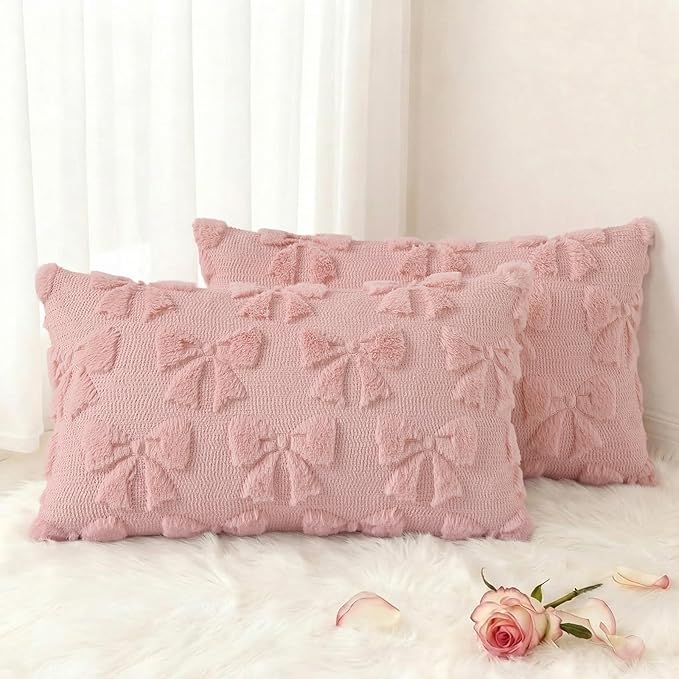 decorUhome Pink Bow Pillow Covers Set of 2 Coquette Aesthetic Cute Preppy Plush by decorUhome