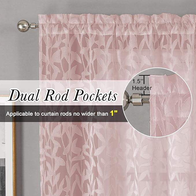 Lecloud Leia Clip Blush Pink Sheer Curtains 84 Inch Length 2 Panels, Jacquard - Image 2