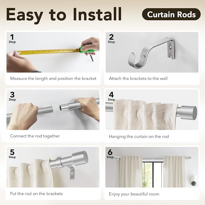 IFELS Heavy Duty Curtain Rods for Windows 72 to 144 Inch, 1 Inch Silver Curtain - Image 7
