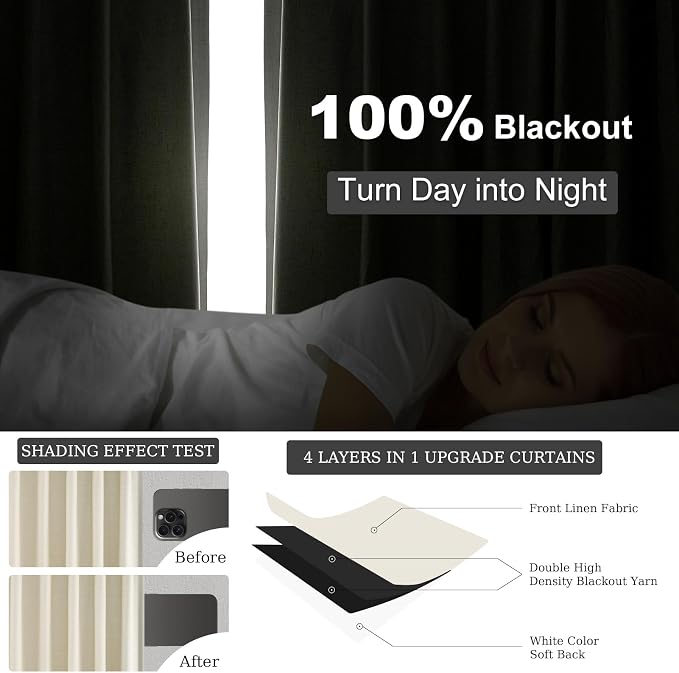 Topfinel Cream Black Out Curtains 96 Inch Long, 100% Blackout Thermal Insulated - Image 6