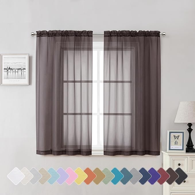 Lecloud Chocolate Sheer Curtains 54 Inch Length 2 Panels, Voile Curtains by Lecloud