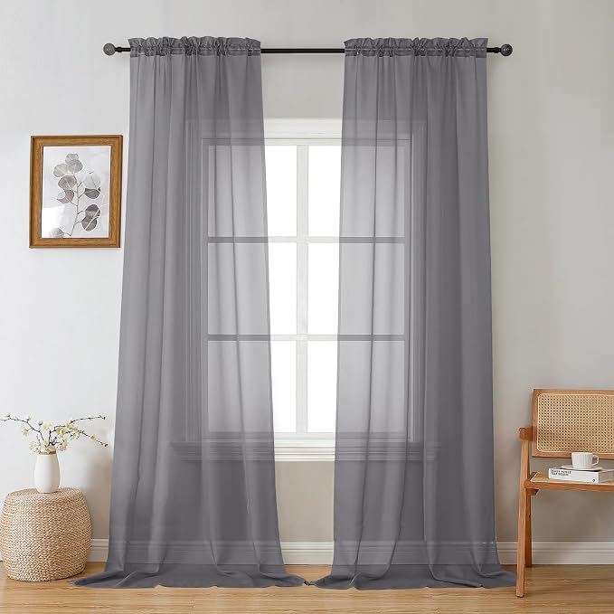 Gwine Charcoal Grey Sheer Curtains 96 Inches Long 2 Panels, Elegant Window by Gwine