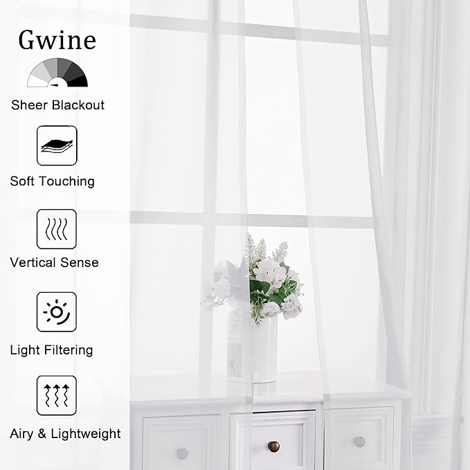 Gwine White Sheer Kitchen Curtains 36 Inch Length, Light Filtering Voile Soft - Image 2