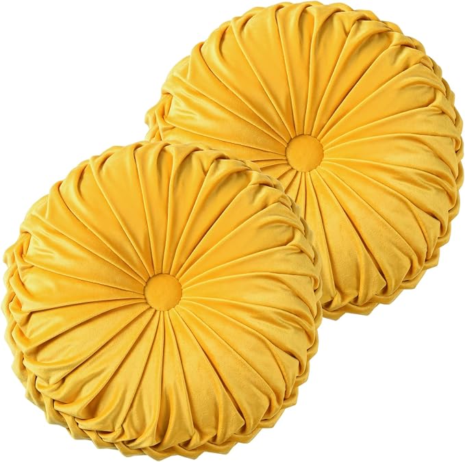 HIG Set of 2 Yellow Ruched Velvet Round Throw Pillows – 14.5’’ Decorative by HIG