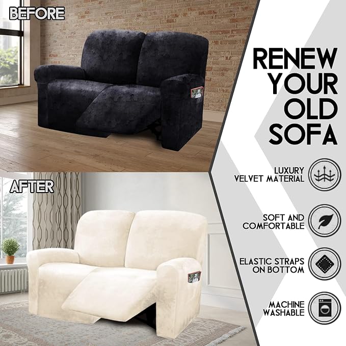 ULTICOR Reclining Love Seat Slipcover, 6-Piece Velvet Stretch Loveseat - Image 4