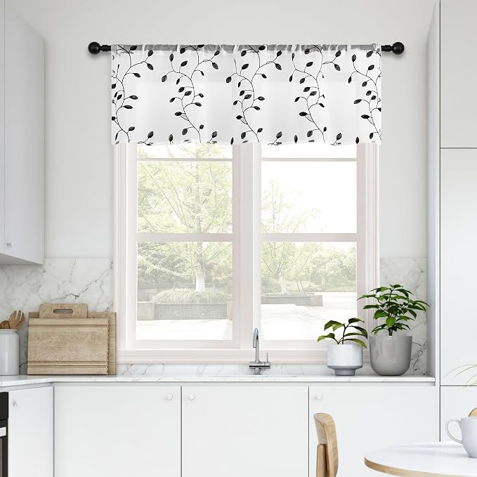 MRTREES Sheer Curtain Valance 2 Panels, Rod Pocket Voile Leaves Embroidered - Image 6