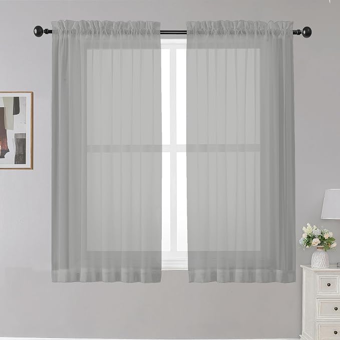 OWENIE Sheer Curtains Grey 45 Inches Long, Light Filtering Tiers by OWENIE