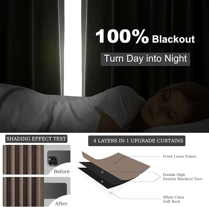 102 Inch Length Linen Blackout Bedroom Curtains Dark Brown Back Tab Pleat - Image 5