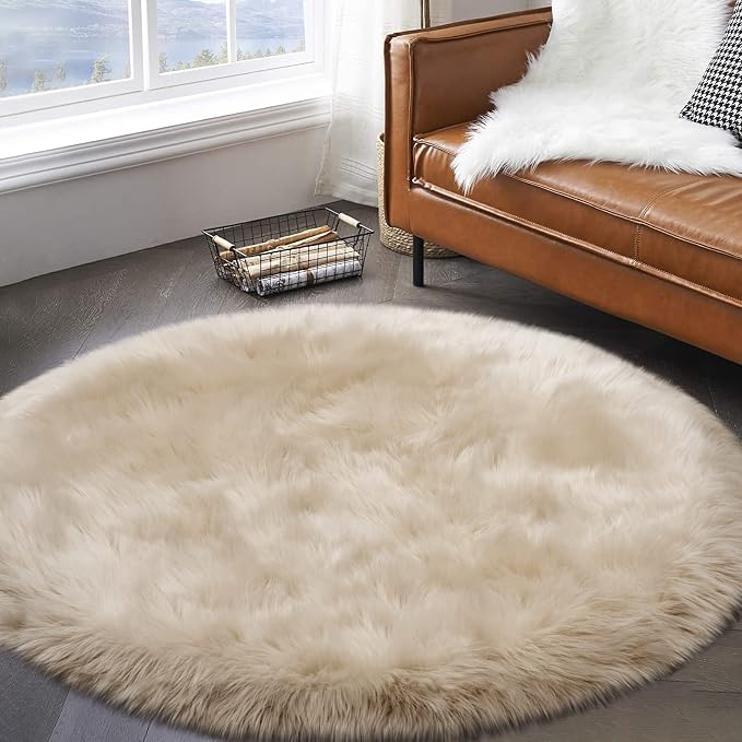 Fluffy Round Rug for Kids Room Beige Circle Faux Fur Area Rug for Bedroom - Image 9