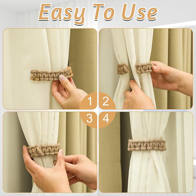 Ptwola 6 Pack Braided Curtain Tiebacks Boho Elegant Rustic Curtain Holdbacks - Image 5