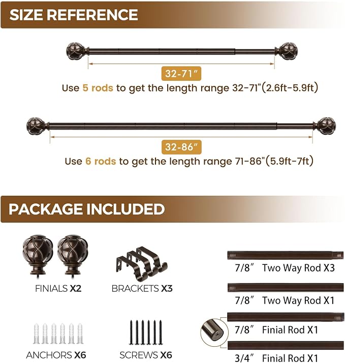 KAMANINA Curtain Rods for Windows 48 to 84 Inch, Antique Bronze Heavy Duty - Image 9