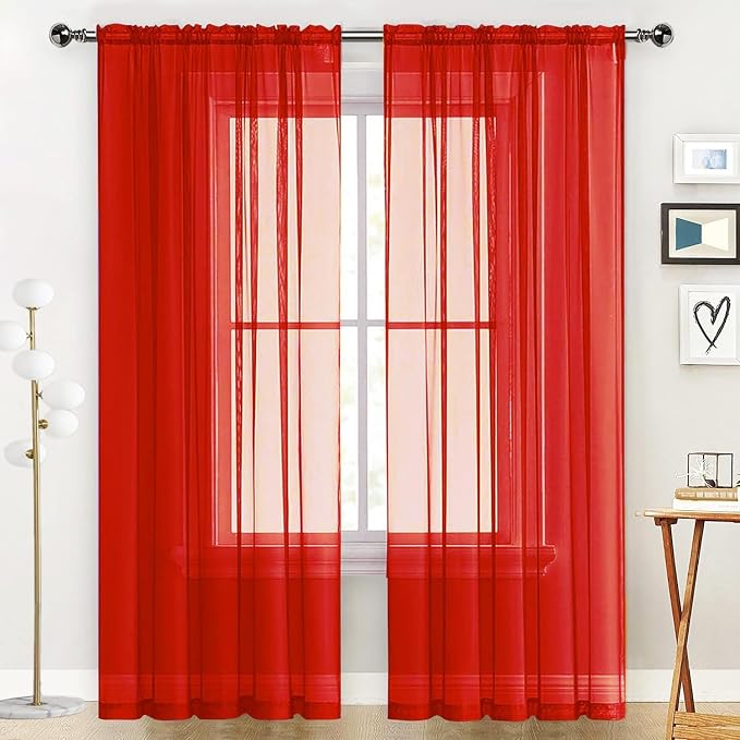 SpaceDresser Basic Rod Pocket Sheer Voile Window Curtain Panels Red 1 Pair 2 by SpaceDresser