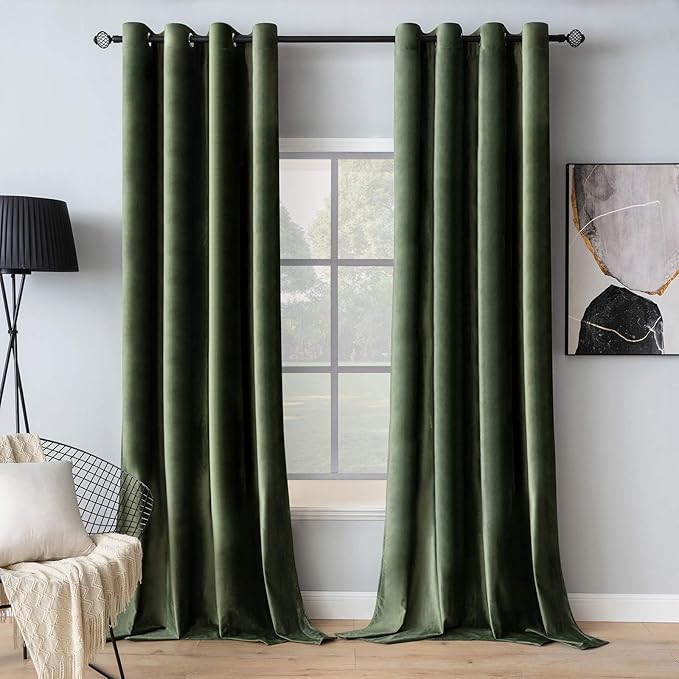 MIULEE Velvet Curtains Olive Green Elegant Long Grommet Curtains Black Out by MIULEE