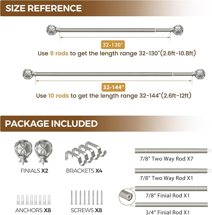 KAMANINA Silver Curtain Rods for Windows 72 to 144 Inches Long Heavy Duty - Image 8
