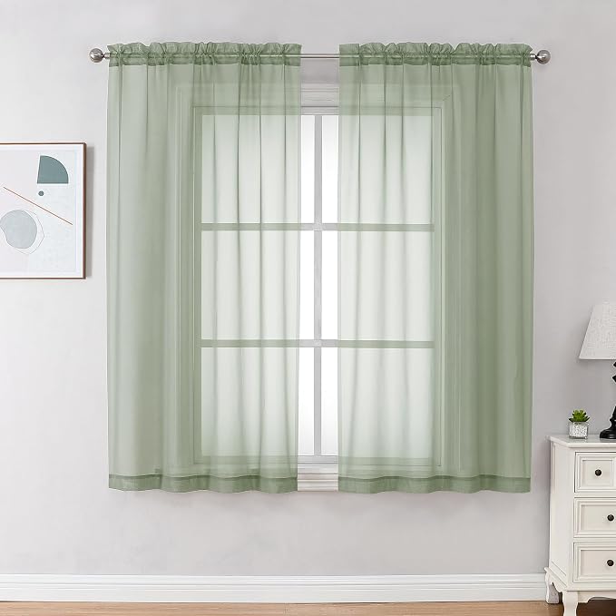 OVZME Light Green Sheer Curtains 63 inch Length 2 Panels Set by OVZME