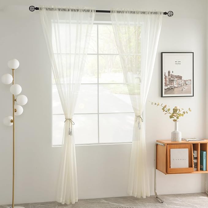 youleyar Solid Sheer Rod Pocket Curtain Voile Draperies 2 Panels White Beige - Image 2